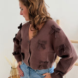 Braune Strickjacke mit V Aussschnitt und einem kurzen Cropped Schnitt. Die Strickjacke ist mit braunen Strickschleifen bestickt.