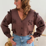 Braune Strickjacke mit V Aussschnitt und einem kurzen Cropped Schnitt. Die Strickjacke ist mit braunen Strickschleifen bestickt.