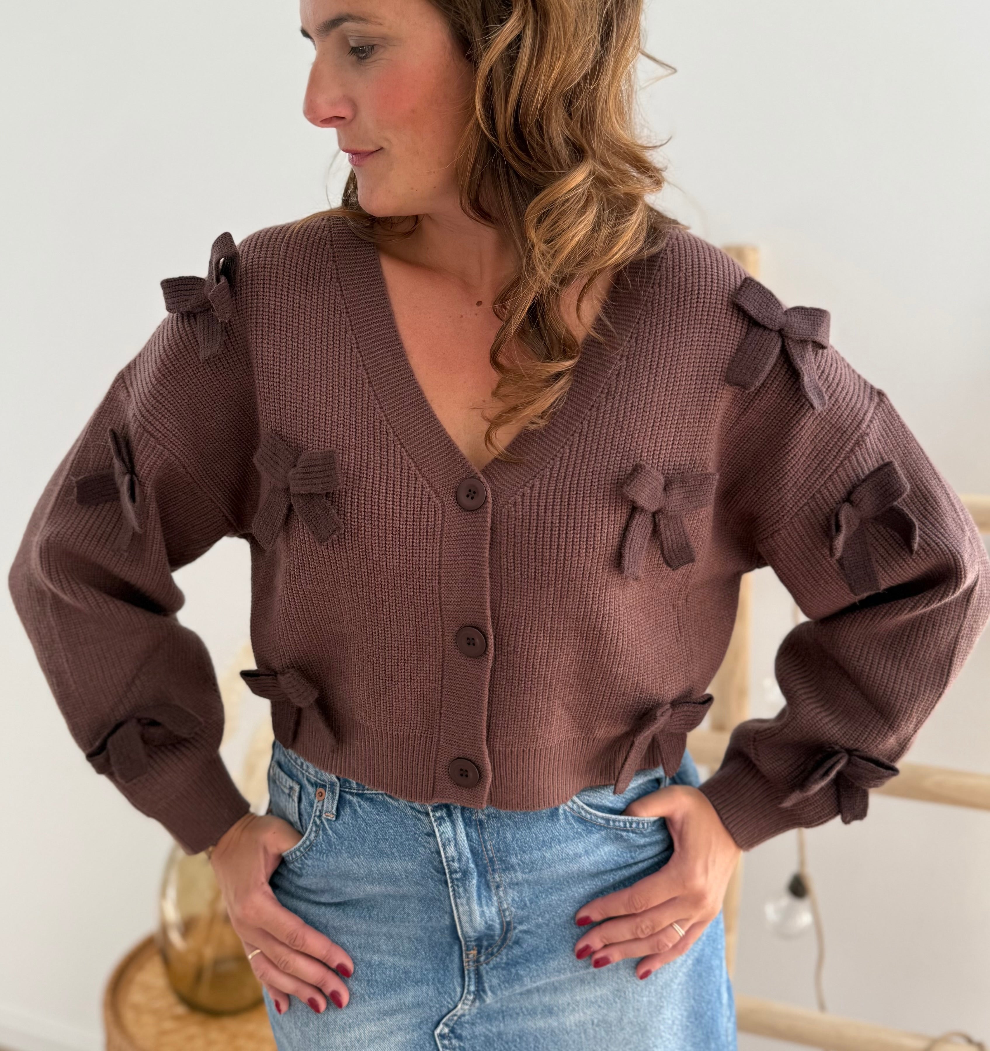 Braune Strickjacke mit V Aussschnitt und einem kurzen Cropped Schnitt. Die Strickjacke ist mit braunen Strickschleifen bestickt.