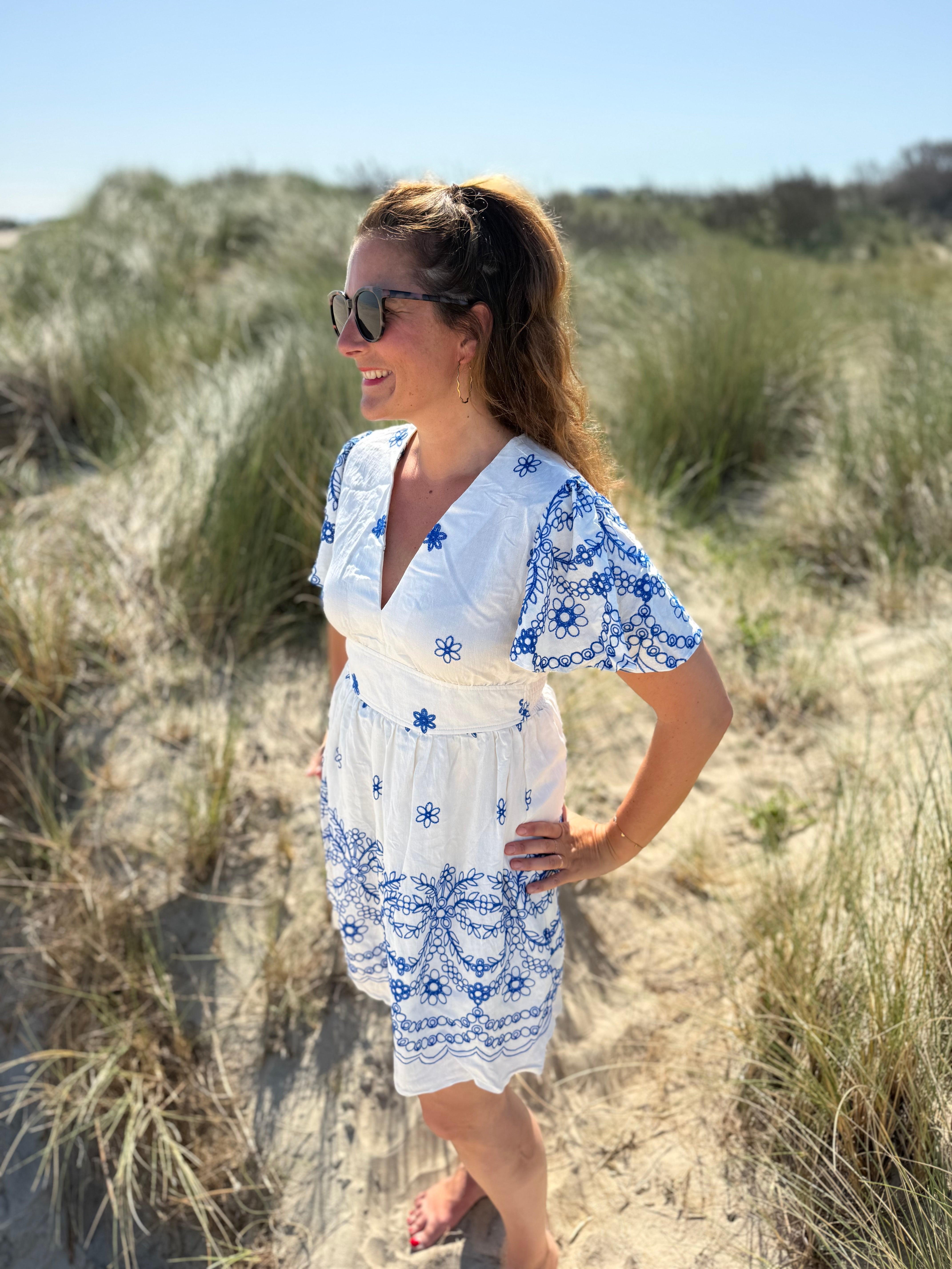 Leichtes kurzes Kleid mit V Ausschnitt und kurzen Flügelärmeln. Das Kleid ist weiß mit blauen Blumenstickereien.