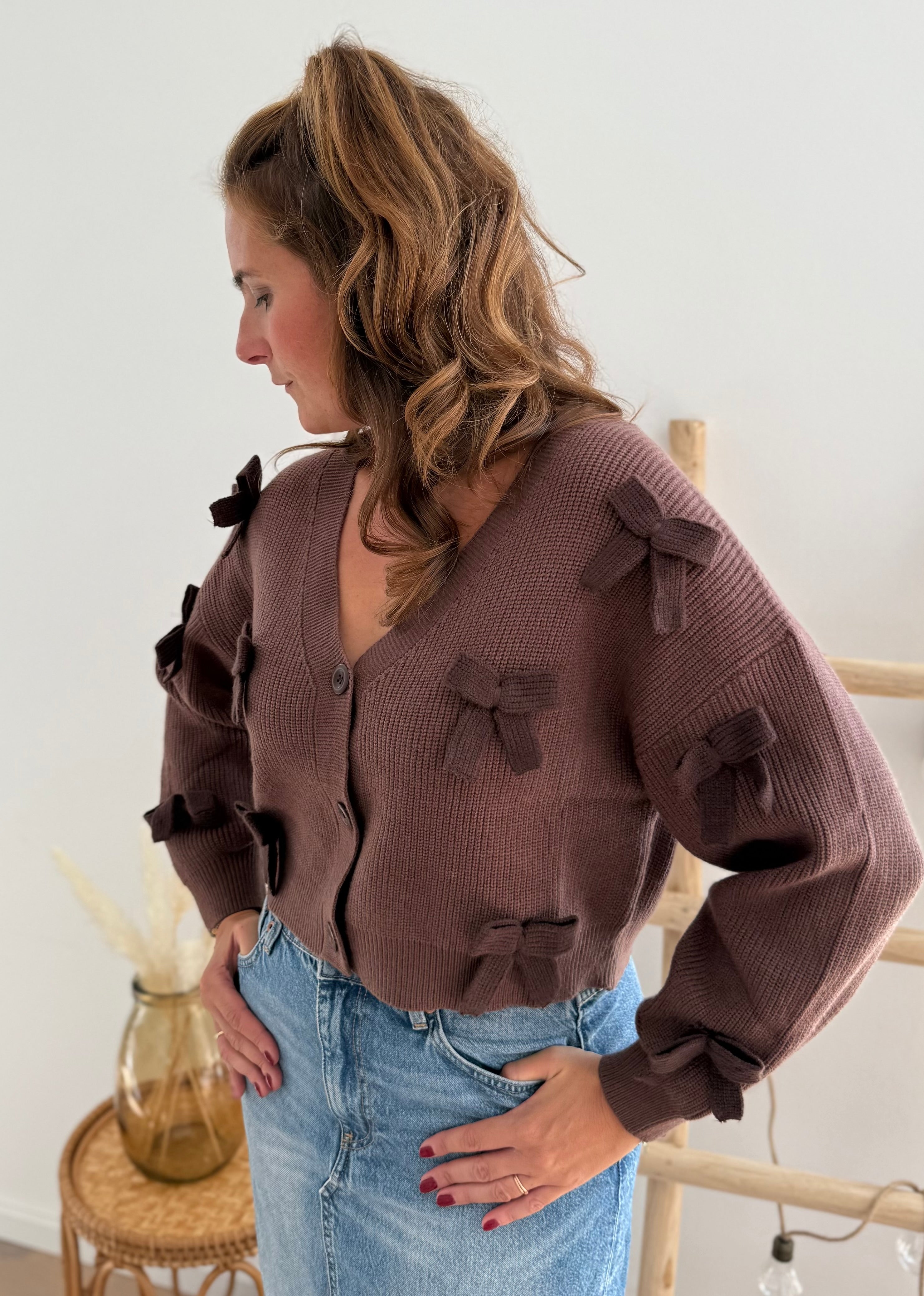 Braune Strickjacke mit V Aussschnitt und einem kurzen Cropped Schnitt. Die Strickjacke ist mit braunen Strickschleifen bestickt.